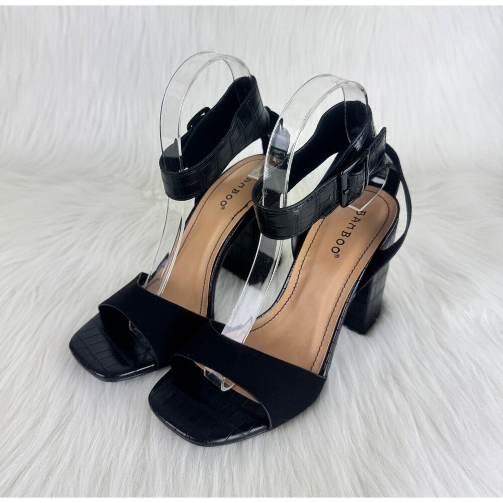 Women's Bamboo Milestone Croc Accent Ankle Strap Chunky Block Heel Sandals Black - Picture 3 of 8